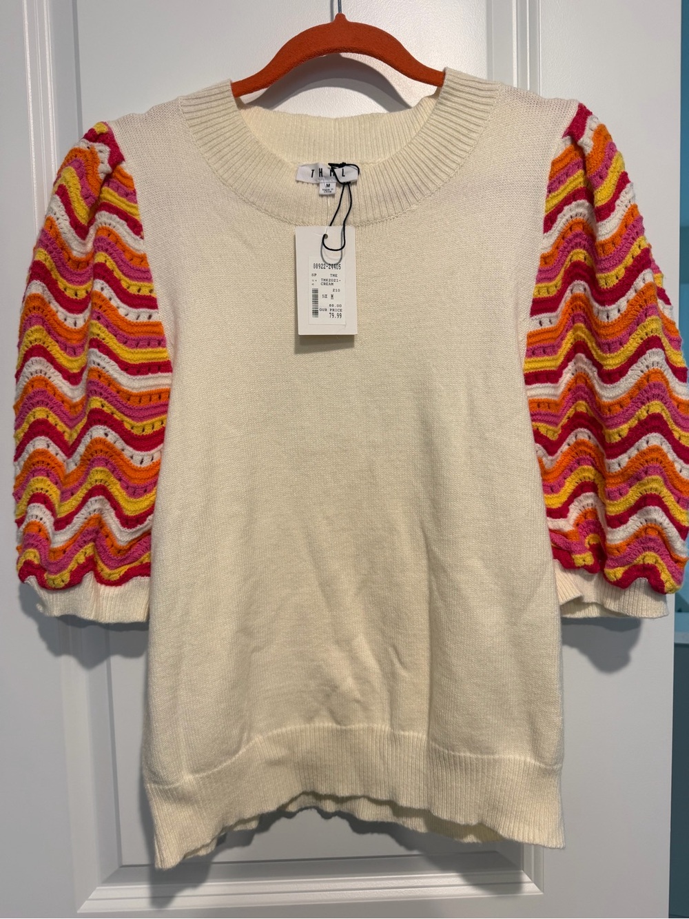 THML new with tags. Cream Knit Sweater with Pink & Orange Wave Puff Sleeves
